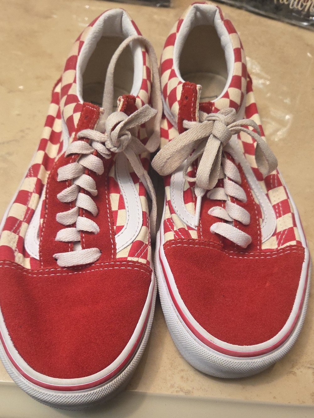 Vans Red and Cream Checkerboard Low-Top Sneakers